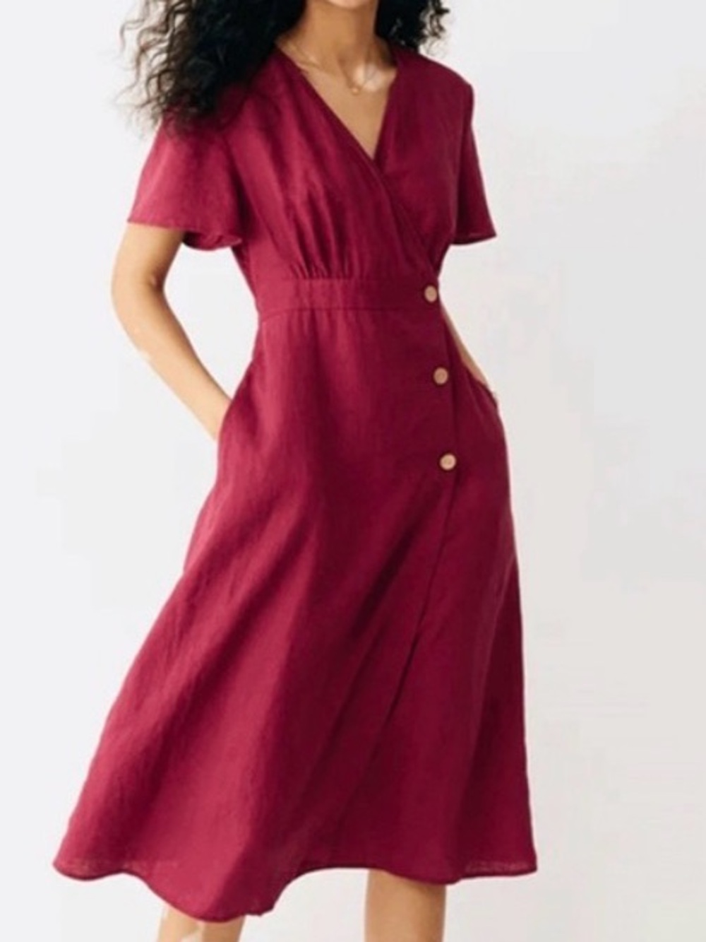 Linen Raspberry Wrap-Style Midi Dress
